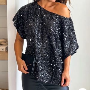 Vine & Love Black Sequin Wide Neck Top Sz M